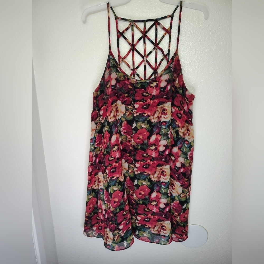 Forever21 openback lattice strappy back camisole floral roses chiffon dress Sz M - Picture 2 of 12